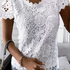 Lace Crew Neck T-Shirt, Elegant Short Sleeve T-Shirt For Spring & Summer, Women's Clothing Lace Crew Neck T-Shirt, Elegant Short Sleeve T-Shirt For Spring & Summer, Women's Clothing