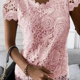Lace Crew Neck T-Shirt, Elegant Short Sleeve T-Shirt For Spring & Summer, Women's Clothing Lace Crew Neck T-Shirt, Elegant Short Sleeve T-Shirt For Spring & Summer, Women's Clothing