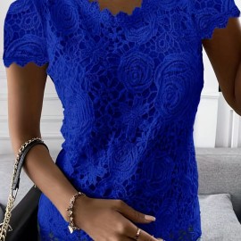 Lace Crew Neck T-Shirt, Elegant Short Sleeve T-Shirt For Spring & Summer, Women's Clothing Lace Crew Neck T-Shirt, Elegant Short Sleeve T-Shirt For Spring & Summer, Women's Clothing