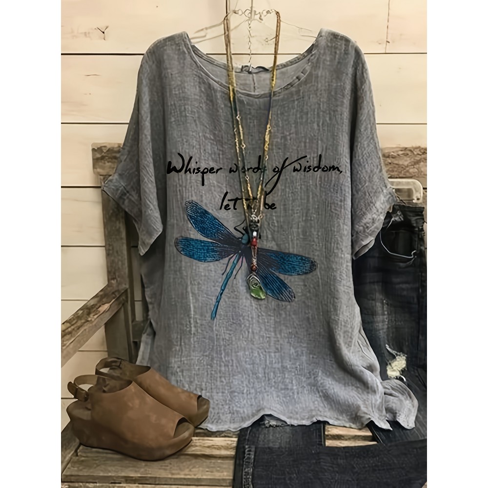 Dragonfly Print Crew Neck Blouse, Casual Short Sleeve Blouse For Spring & Summer, Women's Clothing Dragonfly Print Crew Neck Blouse, Casual Short Sleeve Blouse For Spring & Summer, Women's Clothing