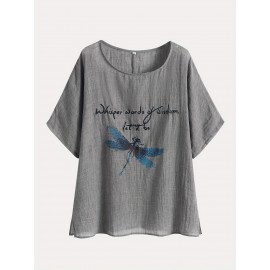 Dragonfly Print Crew Neck Blouse, Casual Short Sleeve Blouse For Spring & Summer, Women's Clothing Dragonfly Print Crew Neck Blouse, Casual Short Sleeve Blouse For Spring & Summer, Women's Clothing