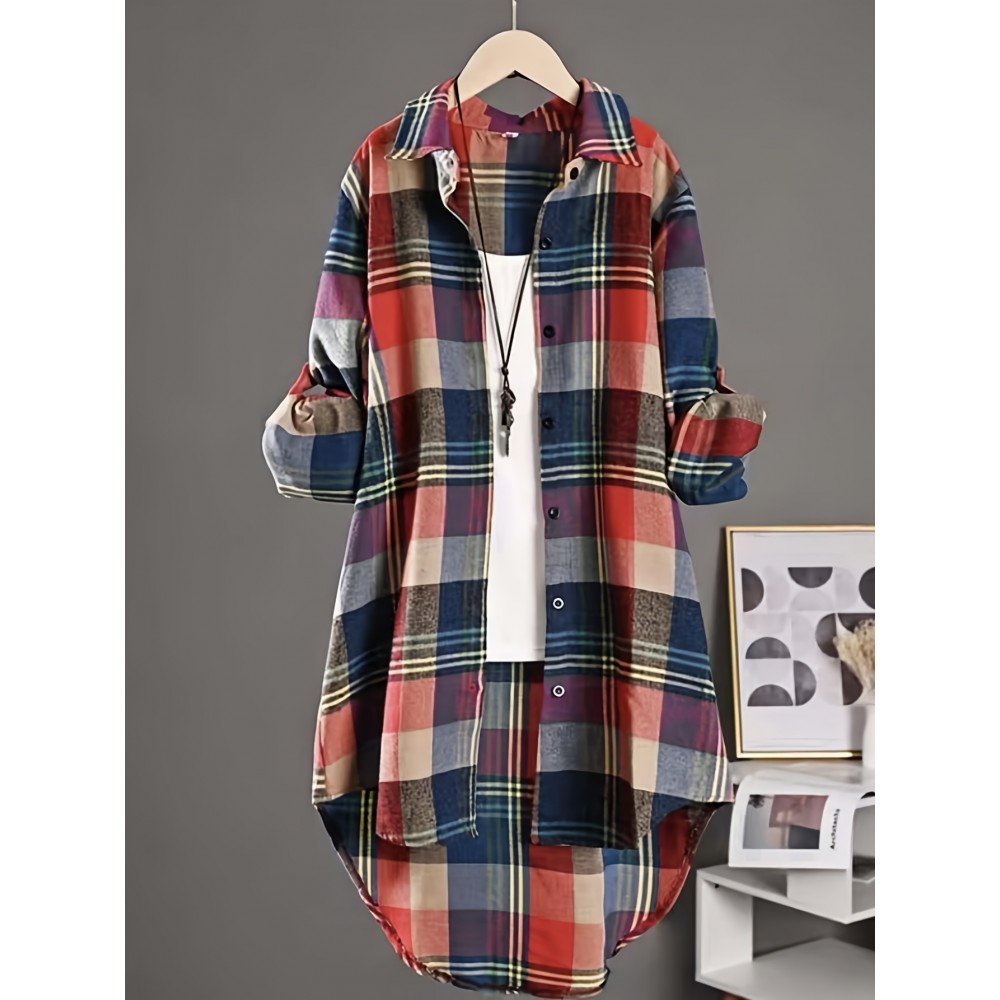 Plaid Pattern Button Front Shirt, Casual Long Sleeve Lapel Collar Shirt, Women's Clothing Plaid Pattern Button Front Shirt, Casual Long Sleeve Lapel Collar Shirt, Women's Clothing