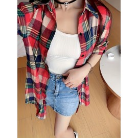 Plaid Pattern Button Front Shirt, Casual Long Sleeve Lapel Collar Shirt, Women's Clothing Plaid Pattern Button Front Shirt, Casual Long Sleeve Lapel Collar Shirt, Women's Clothing