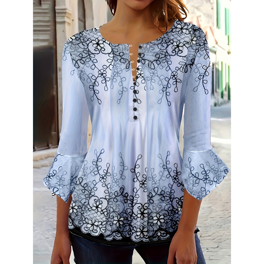 Floral Print Button Blouse, Casual Ruffle Trim Half Sleeve Blouse, Women's Clothing Floral Print Button Blouse, Casual Ruffle Trim Half Sleeve Blouse, Women's Clothing