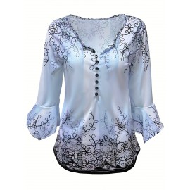 Floral Print Button Blouse, Casual Ruffle Trim Half Sleeve Blouse, Women's Clothing Floral Print Button Blouse, Casual Ruffle Trim Half Sleeve Blouse, Women's Clothing