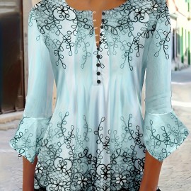 Floral Print Button Blouse, Casual Ruffle Trim Half Sleeve Blouse, Women's Clothing Floral Print Button Blouse, Casual Ruffle Trim Half Sleeve Blouse, Women's Clothing
