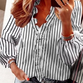 Ruffled Trim V Neck Shirt, Elegant Loose Long Sleeve Shirt, Women's Clothing Ruffled Trim V Neck Shirt, Elegant Loose Long Sleeve Shirt, Women's Clothing