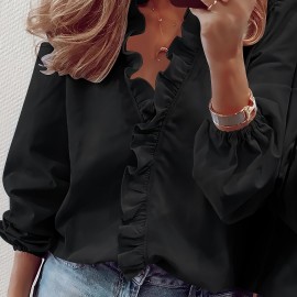 Ruffled Trim V Neck Shirt, Elegant Loose Long Sleeve Shirt, Women's Clothing Ruffled Trim V Neck Shirt, Elegant Loose Long Sleeve Shirt, Women's Clothing