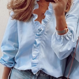 Ruffled Trim V Neck Shirt, Elegant Loose Long Sleeve Shirt, Women's Clothing Ruffled Trim V Neck Shirt, Elegant Loose Long Sleeve Shirt, Women's Clothing