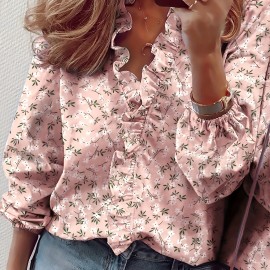 Ruffled Trim V Neck Shirt, Elegant Loose Long Sleeve Shirt, Women's Clothing Ruffled Trim V Neck Shirt, Elegant Loose Long Sleeve Shirt, Women's Clothing