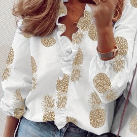 Ruffled Trim V Neck Shirt, Elegant Loose Long Sleeve Shirt, Women's Clothing Ruffled Trim V Neck Shirt, Elegant Loose Long Sleeve Shirt, Women's Clothing