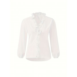 Ruffled Trim V Neck Shirt, Elegant Loose Long Sleeve Shirt, Women's Clothing Ruffled Trim V Neck Shirt, Elegant Loose Long Sleeve Shirt, Women's Clothing