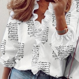 Ruffled Trim V Neck Shirt, Elegant Loose Long Sleeve Shirt, Women's Clothing Ruffled Trim V Neck Shirt, Elegant Loose Long Sleeve Shirt, Women's Clothing