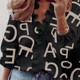 Ruffled Trim V Neck Shirt, Elegant Loose Long Sleeve Shirt, Women's Clothing Ruffled Trim V Neck Shirt, Elegant Loose Long Sleeve Shirt, Women's Clothing