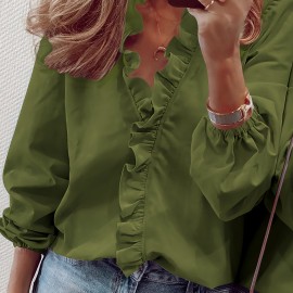 Ruffled Trim V Neck Shirt, Elegant Loose Long Sleeve Shirt, Women's Clothing Ruffled Trim V Neck Shirt, Elegant Loose Long Sleeve Shirt, Women's Clothing