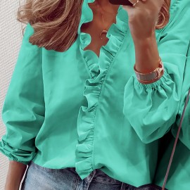 Ruffled Trim V Neck Shirt, Elegant Loose Long Sleeve Shirt, Women's Clothing Ruffled Trim V Neck Shirt, Elegant Loose Long Sleeve Shirt, Women's Clothing