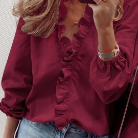 Ruffled Trim V Neck Shirt, Elegant Loose Long Sleeve Shirt, Women's Clothing Ruffled Trim V Neck Shirt, Elegant Loose Long Sleeve Shirt, Women's Clothing