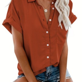 V Neck Collared Button Blouses, Casual Pocket Short Sleeve Fashion Loose Shirt, Women's Clothing V Neck Collared Button Blouses, Casual Pocket Short Sleeve Fashion Loose Shirt, Women's Clothing