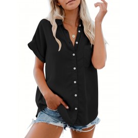 V Neck Collared Button Blouses, Casual Pocket Short Sleeve Fashion Loose Shirt, Women's Clothing V Neck Collared Button Blouses, Casual Pocket Short Sleeve Fashion Loose Shirt, Women's Clothing