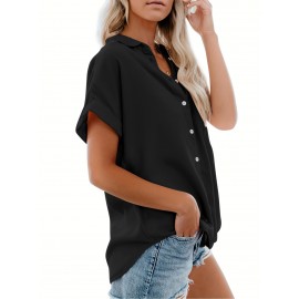 V Neck Collared Button Blouses, Casual Pocket Short Sleeve Fashion Loose Shirt, Women's Clothing V Neck Collared Button Blouses, Casual Pocket Short Sleeve Fashion Loose Shirt, Women's Clothing