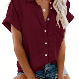 V Neck Collared Button Blouses, Casual Pocket Short Sleeve Fashion Loose Shirt, Women's Clothing V Neck Collared Button Blouses, Casual Pocket Short Sleeve Fashion Loose Shirt, Women's Clothing