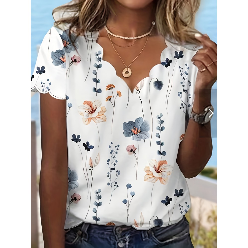 Floral Print Scallop Trim Blouse, Casual Short Sleeve V Neck Blouse For Spring & Summer, Women's Clothing Floral Print Scallop Trim Blouse, Casual Short Sleeve V Neck Blouse For Spring & Summer, Women's Clothing
