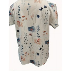 Floral Print Scallop Trim Blouse, Casual Short Sleeve V Neck Blouse For Spring & Summer, Women's Clothing Floral Print Scallop Trim Blouse, Casual Short Sleeve V Neck Blouse For Spring & Summer, Women's Clothing