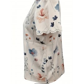 Floral Print Scallop Trim Blouse, Casual Short Sleeve V Neck Blouse For Spring & Summer, Women's Clothing Floral Print Scallop Trim Blouse, Casual Short Sleeve V Neck Blouse For Spring & Summer, Women's Clothing