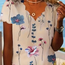 Floral Print Scallop Trim Blouse, Casual Short Sleeve V Neck Blouse For Spring & Summer, Women's Clothing Floral Print Scallop Trim Blouse, Casual Short Sleeve V Neck Blouse For Spring & Summer, Women's Clothing
