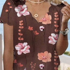 Floral Print Scallop Trim Blouse, Casual Short Sleeve V Neck Blouse For Spring & Summer, Women's Clothing Floral Print Scallop Trim Blouse, Casual Short Sleeve V Neck Blouse For Spring & Summer, Women's Clothing