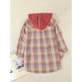 Plaid Print Hooded Shirt, Casual Long Sleeve Drawstring Shirt, Women's Clothing Plaid Print Hooded Shirt, Casual Long Sleeve Drawstring Shirt, Women's Clothing
