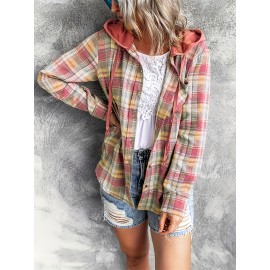 Plaid Print Hooded Shirt, Casual Long Sleeve Drawstring Shirt, Women's Clothing Plaid Print Hooded Shirt, Casual Long Sleeve Drawstring Shirt, Women's Clothing