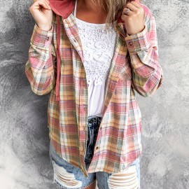 Plaid Print Hooded Shirt, Casual Long Sleeve Drawstring Shirt, Women's Clothing Plaid Print Hooded Shirt, Casual Long Sleeve Drawstring Shirt, Women's Clothing