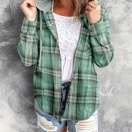 Plaid Print Hooded Shirt, Casual Long Sleeve Drawstring Shirt, Women's Clothing Plaid Print Hooded Shirt, Casual Long Sleeve Drawstring Shirt, Women's Clothing