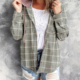 Plaid Print Hooded Shirt, Casual Long Sleeve Drawstring Shirt, Women's Clothing Plaid Print Hooded Shirt, Casual Long Sleeve Drawstring Shirt, Women's Clothing