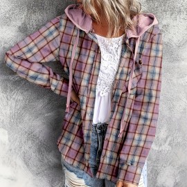 Plaid Print Hooded Shirt, Casual Long Sleeve Drawstring Shirt, Women's Clothing Plaid Print Hooded Shirt, Casual Long Sleeve Drawstring Shirt, Women's Clothing