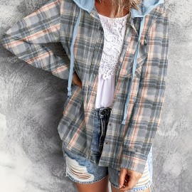 Plaid Print Hooded Shirt, Casual Long Sleeve Drawstring Shirt, Women's Clothing Plaid Print Hooded Shirt, Casual Long Sleeve Drawstring Shirt, Women's Clothing