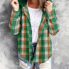 Plaid Print Hooded Shirt, Casual Long Sleeve Drawstring Shirt, Women's Clothing Plaid Print Hooded Shirt, Casual Long Sleeve Drawstring Shirt, Women's Clothing
