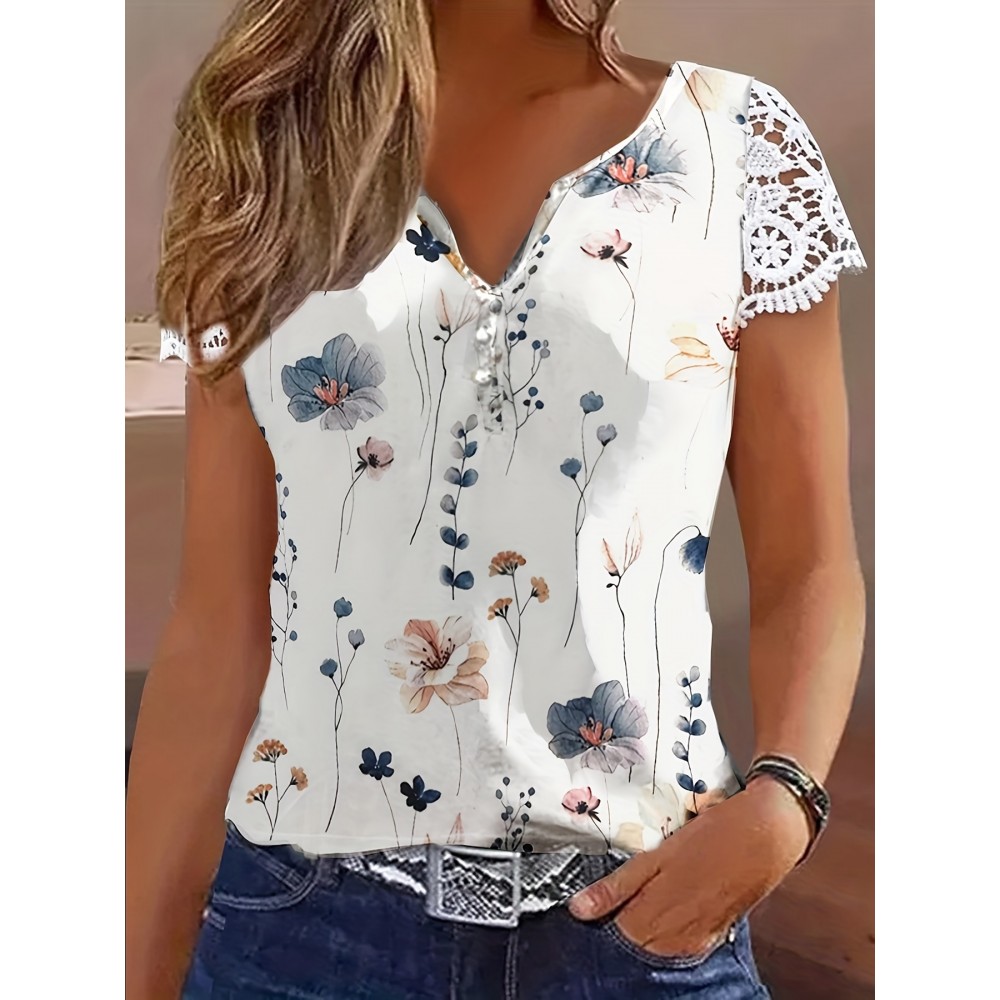 Contrast Lace Floral Print Blouse, Casual V Neck Short Sleeve Blouse, Women's Clothing Contrast Lace Floral Print Blouse, Casual V Neck Short Sleeve Blouse, Women's Clothing