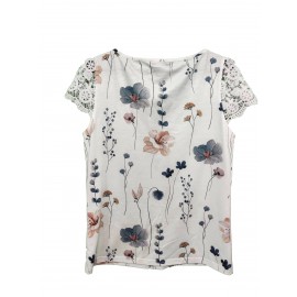 Contrast Lace Floral Print Blouse, Casual V Neck Short Sleeve Blouse, Women's Clothing Contrast Lace Floral Print Blouse, Casual V Neck Short Sleeve Blouse, Women's Clothing