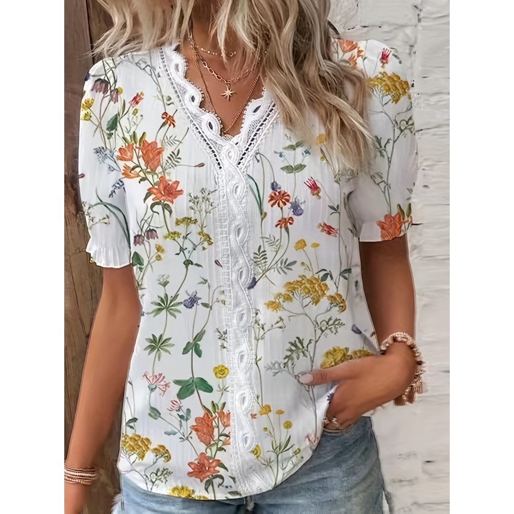 Floral Print Lace Trim Blouse, Vacation Striped V Neck Short Sleeve Blouse, Women's Clothing Floral Print Lace Trim Blouse, Vacation Striped V Neck Short Sleeve Blouse, Women's Clothing
