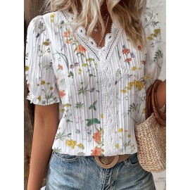 Floral Print Lace Trim Blouse, Vacation Striped V Neck Short Sleeve Blouse, Women's Clothing Floral Print Lace Trim Blouse, Vacation Striped V Neck Short Sleeve Blouse, Women's Clothing