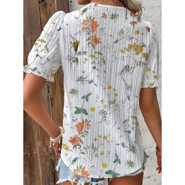 Floral Print Lace Trim Blouse, Vacation Striped V Neck Short Sleeve Blouse, Women's Clothing Floral Print Lace Trim Blouse, Vacation Striped V Neck Short Sleeve Blouse, Women's Clothing