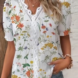 Floral Print Lace Trim Blouse, Vacation Striped V Neck Short Sleeve Blouse, Women's Clothing Floral Print Lace Trim Blouse, Vacation Striped V Neck Short Sleeve Blouse, Women's Clothing