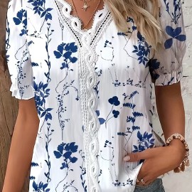 Floral Print Lace Trim Blouse, Vacation Striped V Neck Short Sleeve Blouse, Women's Clothing Floral Print Lace Trim Blouse, Vacation Striped V Neck Short Sleeve Blouse, Women's Clothing