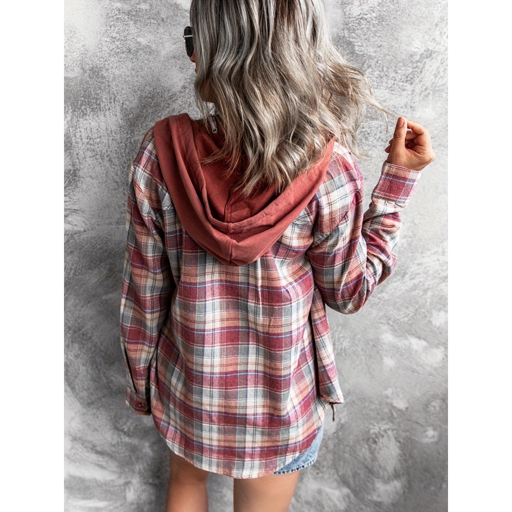 Hooded Plaid Print Blouse, Casual Button Front Drawstring Long Sleeve Blouse, Women's Clothing Hooded Plaid Print Blouse, Casual Button Front Drawstring Long Sleeve Blouse, Women's Clothing