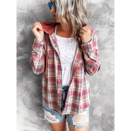 Hooded Plaid Print Blouse, Casual Button Front Drawstring Long Sleeve Blouse, Women's Clothing Hooded Plaid Print Blouse, Casual Button Front Drawstring Long Sleeve Blouse, Women's Clothing