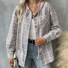 Hooded Plaid Print Blouse, Casual Button Front Drawstring Long Sleeve Blouse, Women's Clothing Hooded Plaid Print Blouse, Casual Button Front Drawstring Long Sleeve Blouse, Women's Clothing