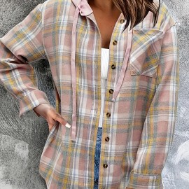 Hooded Plaid Print Blouse, Casual Button Front Drawstring Long Sleeve Blouse, Women's Clothing Hooded Plaid Print Blouse, Casual Button Front Drawstring Long Sleeve Blouse, Women's Clothing