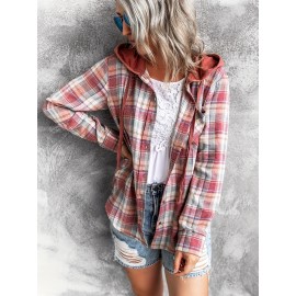 Hooded Plaid Print Blouse, Casual Button Front Drawstring Long Sleeve Blouse, Women's Clothing Hooded Plaid Print Blouse, Casual Button Front Drawstring Long Sleeve Blouse, Women's Clothing